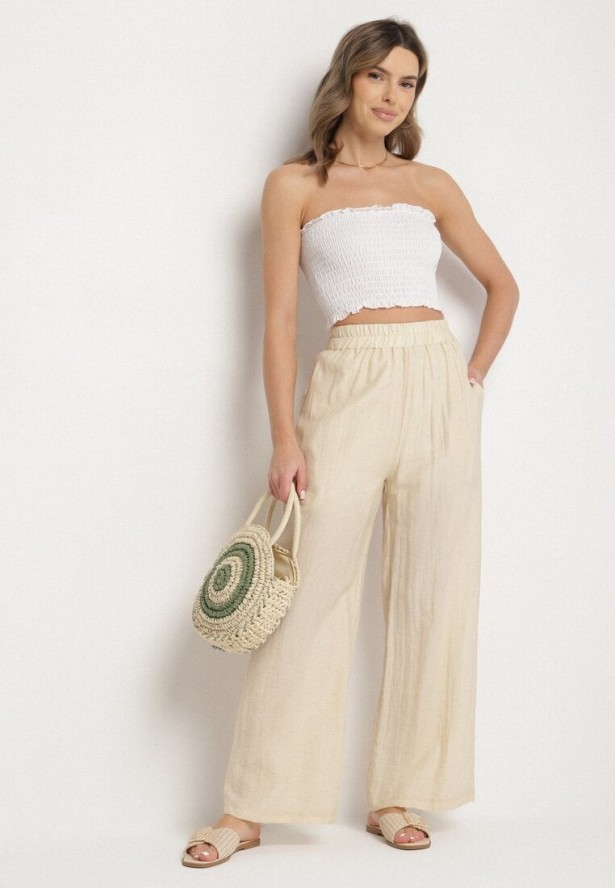 Jasnobeżowe Spodnie Palazzo z Lnu i Wiskozy z Wysokim Stanem Linawena