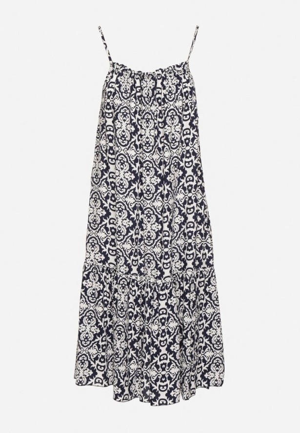 Granatowa Rozkloszowana Sukienka na Ramiączkach z Bawełny w Ornamentalny Wzór Valpio