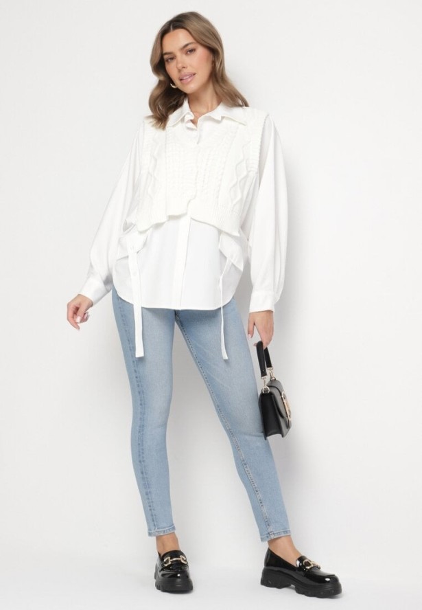 Jasnobeżowa Koszula o Nietoperzowym Kroju z Naszytą Dzianinową Kamizelką Hanorielin