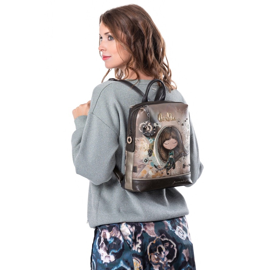 Plecak damski Anekke, mały z ozdobną grafiką z 1 komorą zamykany na zamek, kolorowy, 41705-295