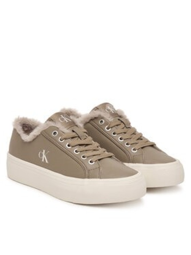 Calvin Klein Sneakersy Vulc Flatf Laceup Lth Fur HW0HW03235 Beżowy