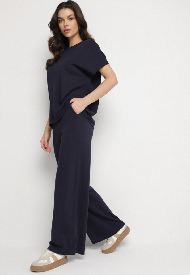 Granatowy Wiskozowy Komplet Szerokie Spodnie i T-shirt Inelora