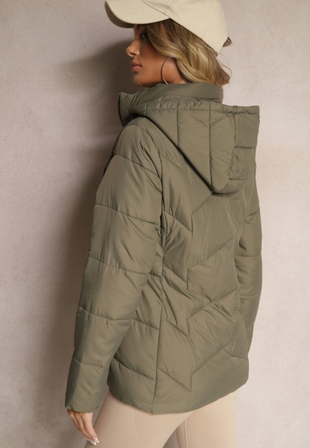 Ciemnozielona Kurtka Pikowana z Kapturem z Możliwością Odpięcia Felathra