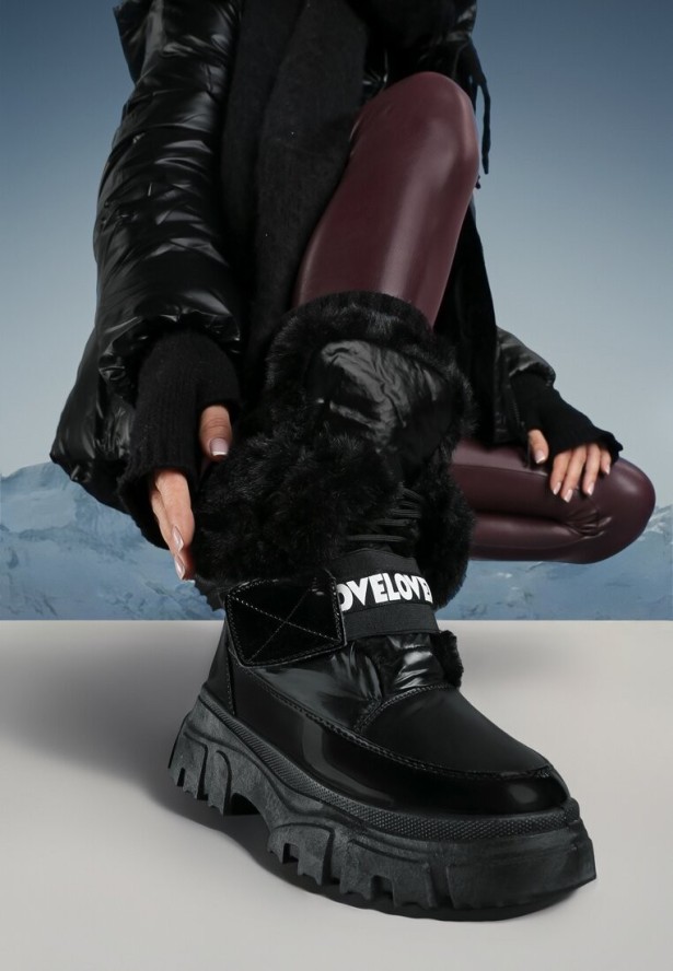 Czarne Śniegowce z Wywijaną Futrzaną Cholewką Zeoche