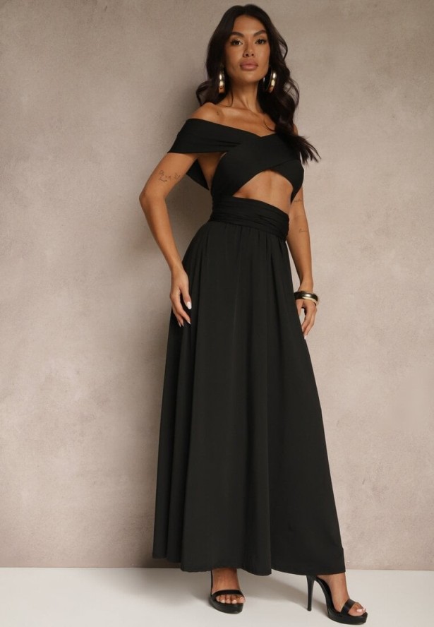 Czarna Sukienka Koktajlowa Multiway z Wiskozą Wiązana na Szyi Lilovea