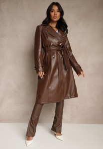 Brązowy Płaszcz Trencz z Ekoskóry o Dwurzędowym Kroju z Paskiem Nilianis