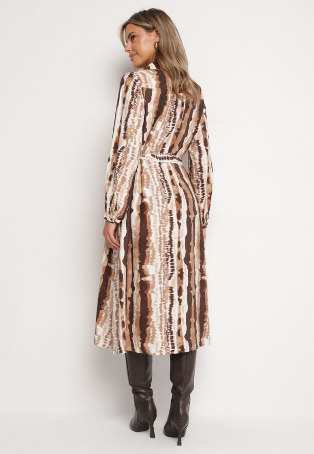 Brązowa Wiskozowa Sukienka Koszulowa Wiązana Paskiem Ellariah