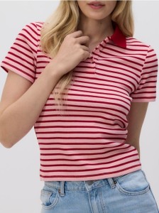 T-shirt polo w paski - pastelowy róż