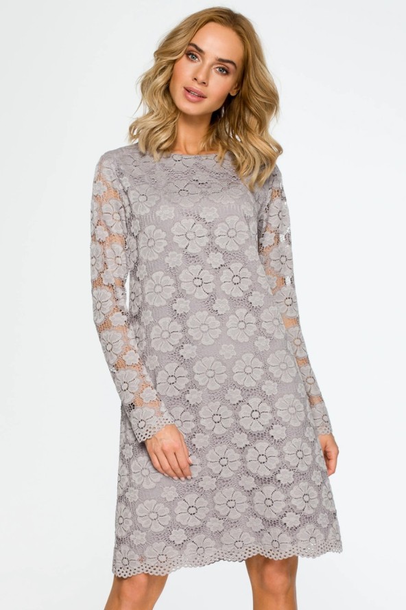 Sukienka na wesele koronkowa trapezowa midi szara