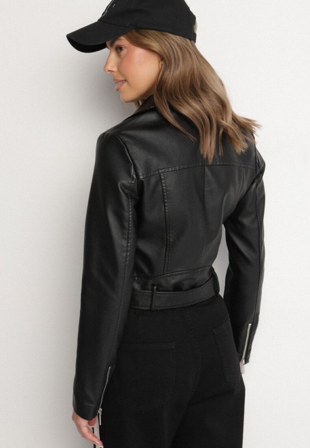 Czarna Kurtka w Stylu Ramoneski z Paskiem Hallisen