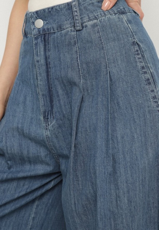 Granatowe Bawełniane Jeansy Szerokie z Wysokim Stanem Galsemi