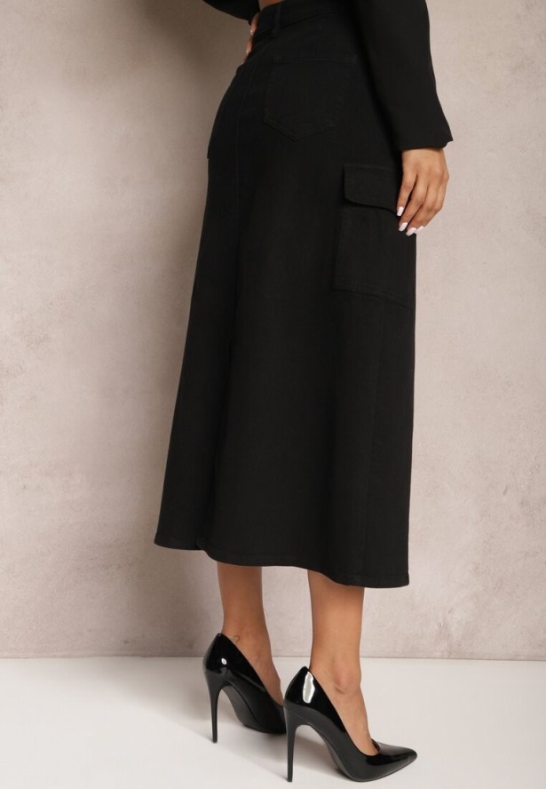 Czarna Spódnica Jeansowa Midi Typu Cargo z Kieszeniami Dyleta