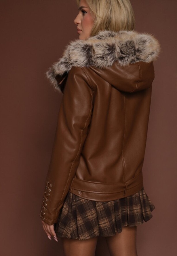 Brązowa Kurtka Ramoneska z Kapturem z Futrem z Możliwością Odpięcia Aplinna