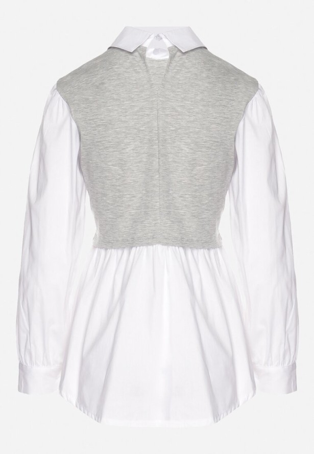 Szara Rozkloszowana Bluzka Koszulowa z Wiskozą z Wszytą Kamizelką z Cyrkoniami Uliaviela