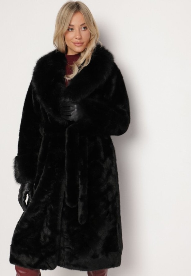 Czarny Futerkowy Płaszcz z Szerokim Kołnierzem i Mankietami z Wiązanym Paskiem Viaruna