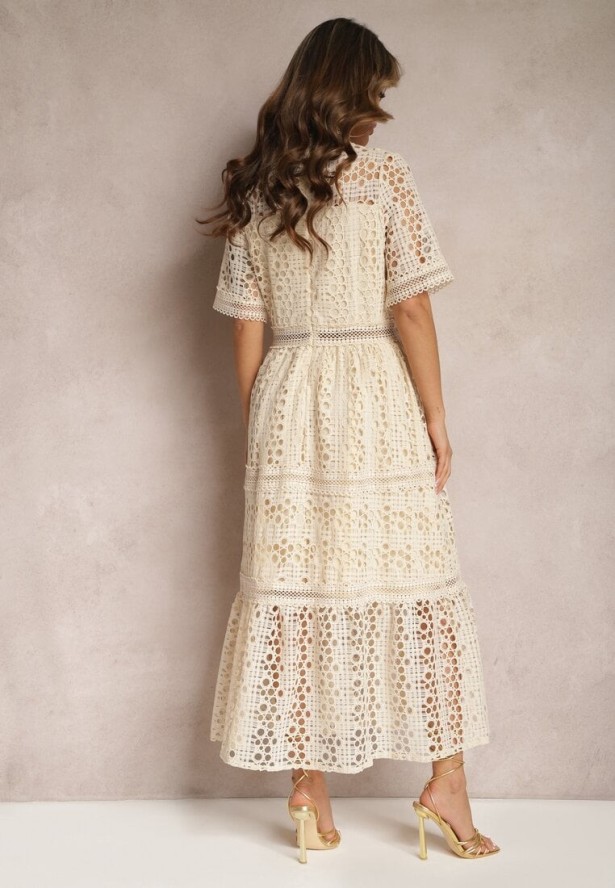 Beżowa Rozkloszowana Sukienka Maxi Ażurowa z Falbanką Ranilette