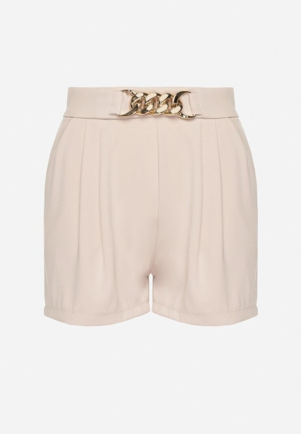 Beżowe Szorty z Wysokim Stanem Ozdobione Łańcuszkiem Sepianna