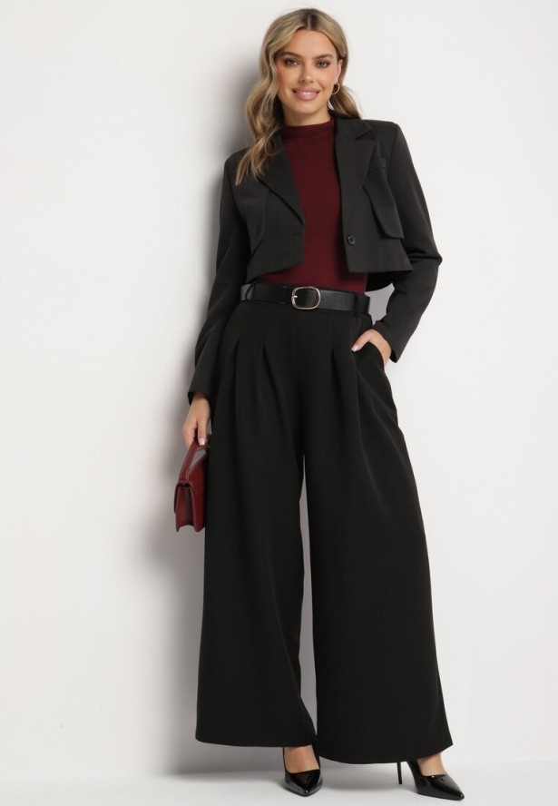 Czarne Garniturowe Spodnie z Wiskozą o Szerokim Kroju z Paskiem Ravilis