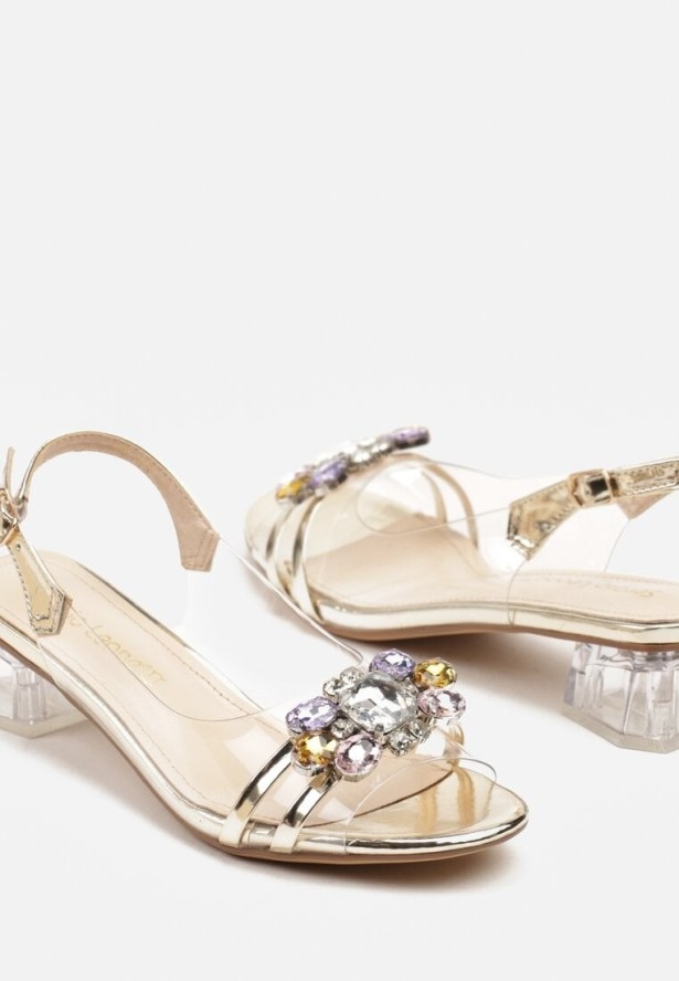 Złote Transparentne Sandały na Obcasie Ozdobione Cyrkoniami Senanira