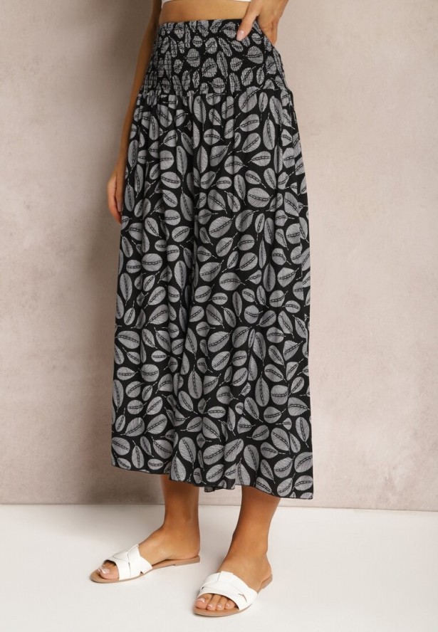 Czarne Bawełniane Spodnie z Szerokimi Nogawkami 7/8 i Gumką w Pasie Elenthe