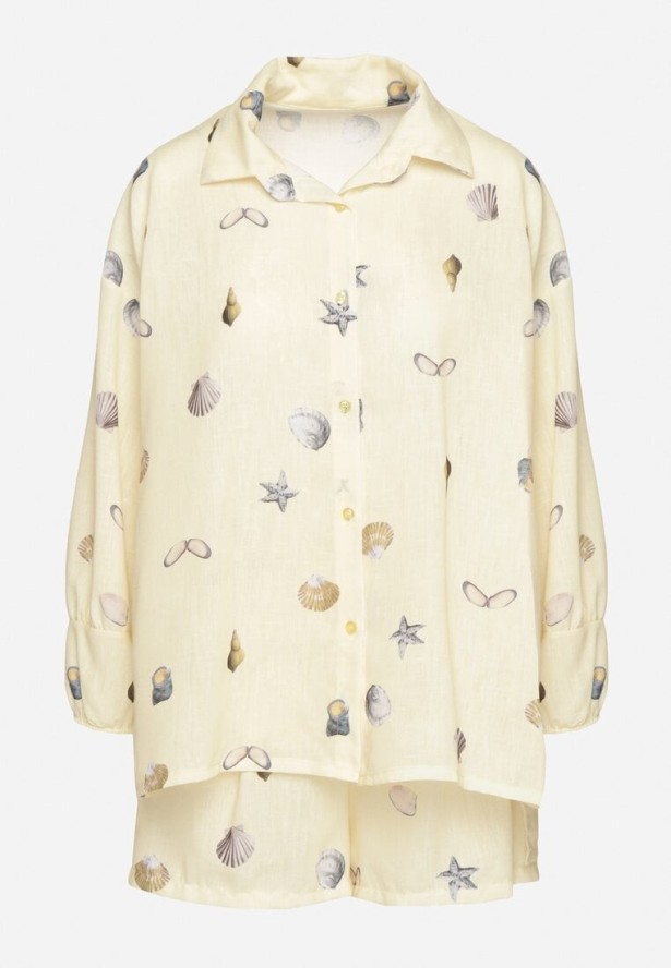 Żółty Komplet z Wiskozą Koszula i Szorty z Motywem Morskim Reivienne