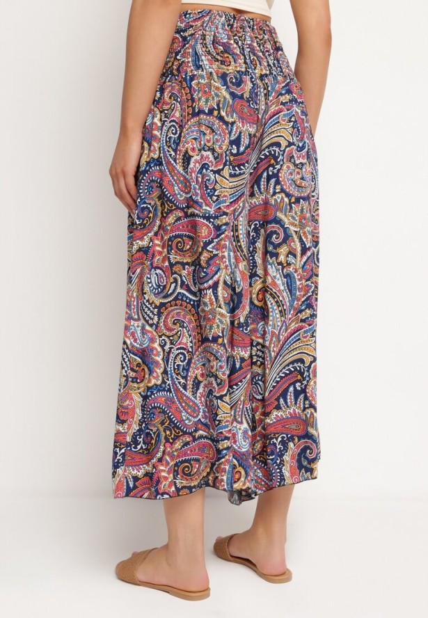 Granatowe Bawełniane Spodnie Kuloty z Wzorem Paisley Tarrisa