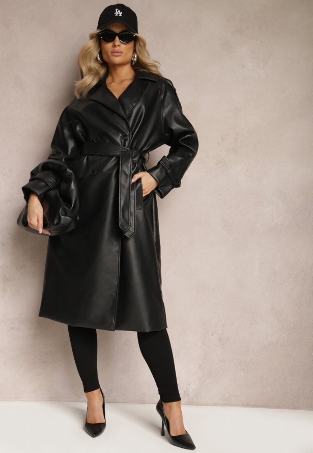 Czarny Płaszcz Dwurzędowy z Ekoskóry z Wiązaniem w Pasie i Wsuwanymi Kieszeniami Lihova