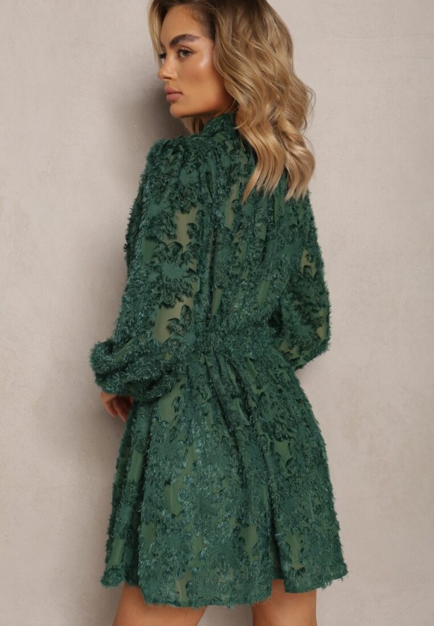 Zielona Koronkowa Sukienka Mini z Gumką w Pasie Netta