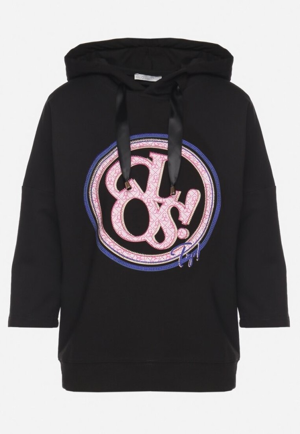 Czarna Bluza z Kapturem i Rękawami 3/4 Zdobiona Nadrukiem Saniriora