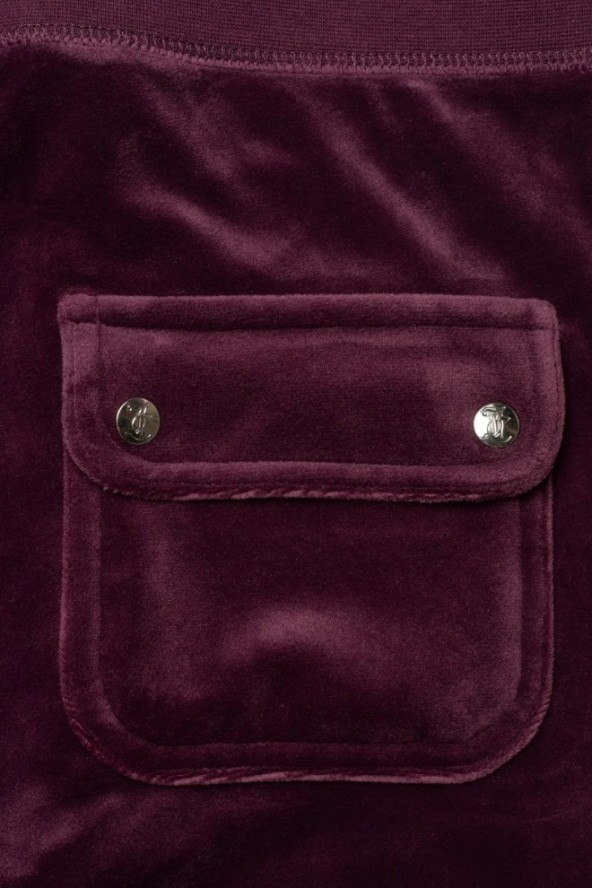 JUICY COUTURE Śliwkowe damskie spodnie welurowe Del Ray Pocket Pant, Rozmiar M
