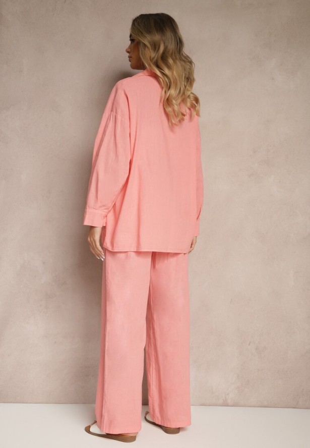 Jasnoróżowy Komplet z Lnem Koszula i Spodnie o Szerokim Kroju Renavine