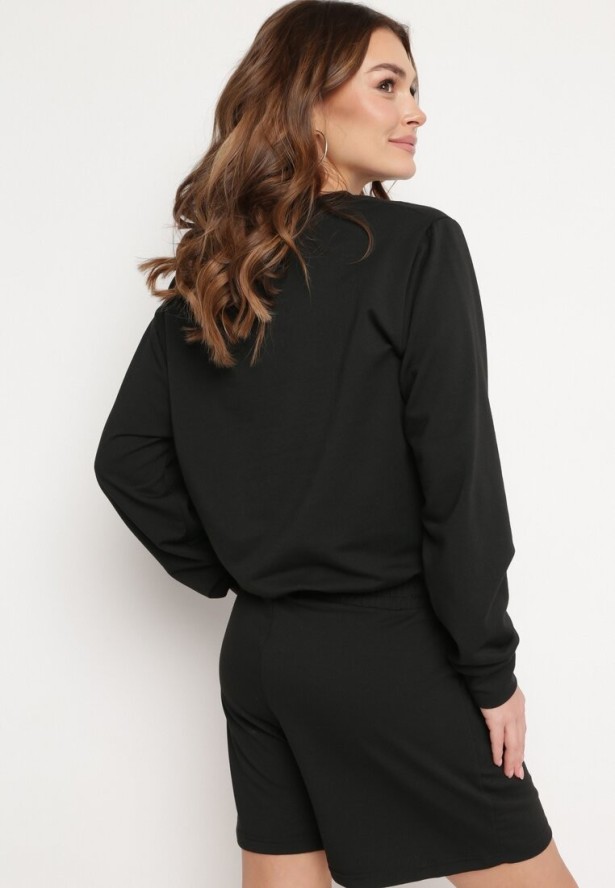 Czarny 2-Częściowy Komplet Dresowy Bluza z Nadrukiem i Luźne Szorty z Kieszeniami Ridana