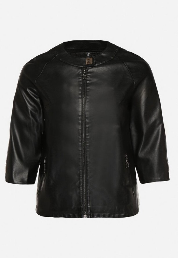 Czarna Gładka Kurtka Ramoneska z Rękawem 3/4 Mirseli