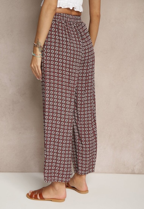 Czerwono-Szare Spodnie o Szerokim Kroju High Waist z Geometrycznym Wzorem Farisia