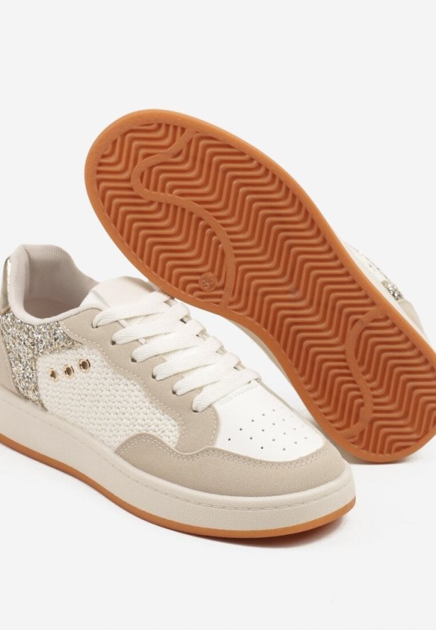 Beżowe Sneakersy z Ozdobnymi Przeszyciami w Streetwearowym Stylu Neoniela