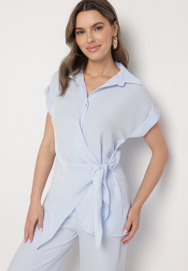 Niebieski Komplet Koszula z Asymetrycznym Wiązaniem i Szerokie Spodnie Filivara