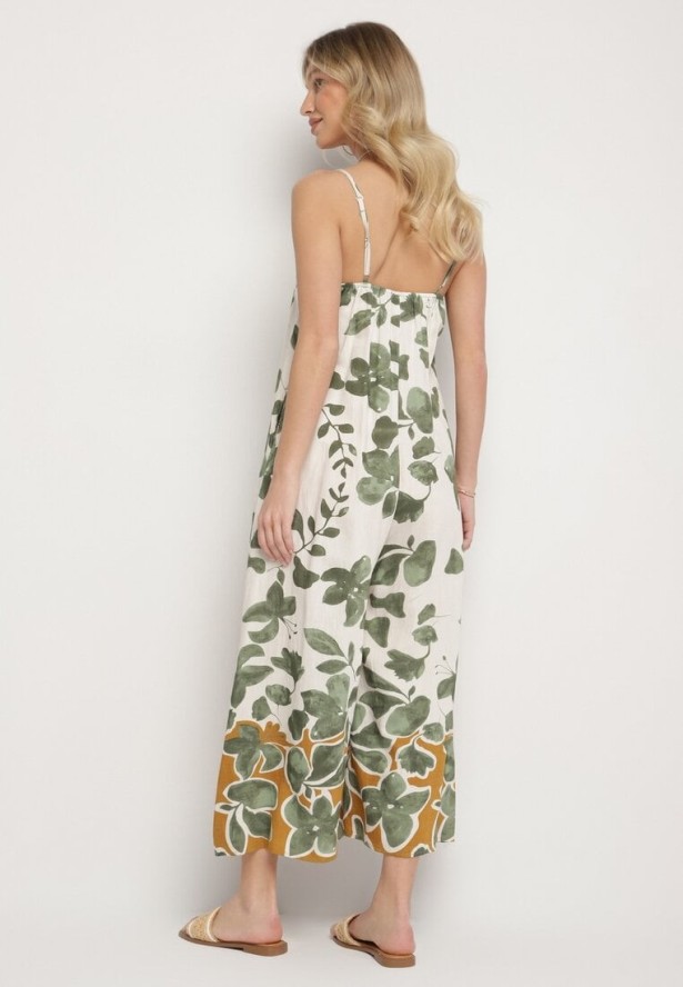 Zielono-Beżowy Kombinezon z Wiskozą na Ramiączkach z Szeroką Nogawką Iffre