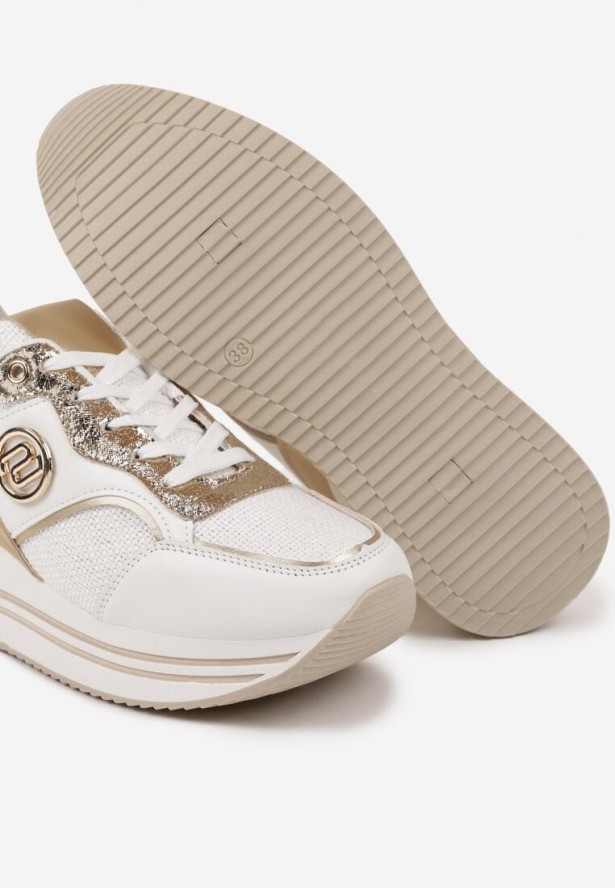 Biało-Złote Sneakersy na Grubej Podeszwie z Metalicznymi Wstawkami Gonnith