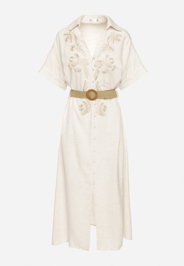 Beżowa Wiskozowa Sukienka Koszulowa z Lnem Zdobiona Haftem i Paskiem Atelinda