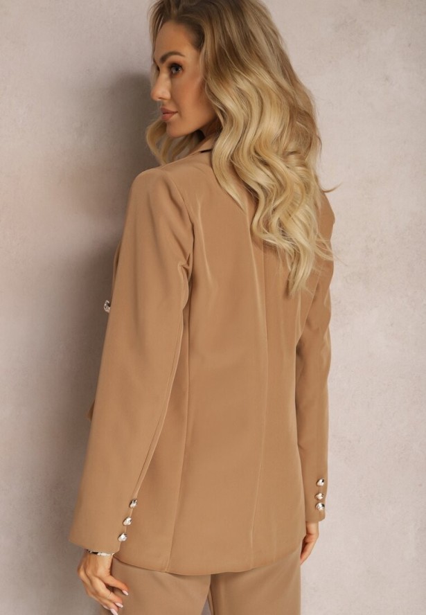 Jasnobrązowa Marynarka Niezapinana z Dekoracyjnymi Guzikami Cose