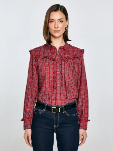 Koszula damska w kratę z ozdobnymi falbankami czerwona Frilo 000