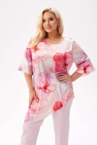 Elegancka tunika Liliana z asymetrycznym krojem w kwiaty w odcieniach bieli i różu PLUS SIZE XXL
