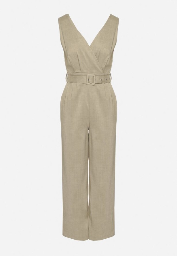 Jasnozielony Kombinezon Taliowany z Kopertowym Dekoltem i Paskiem z Klamrą Ronivae