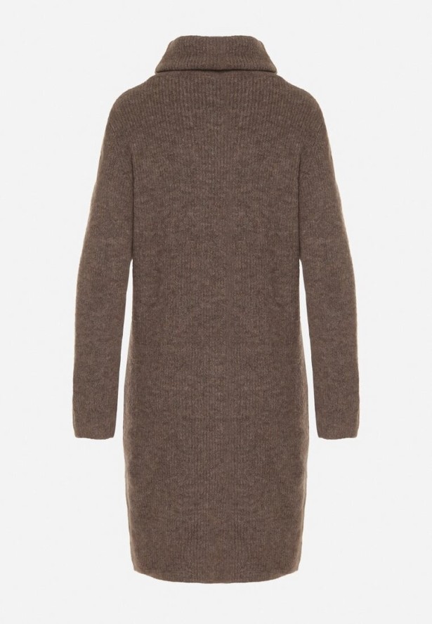 Jasnobrązowa Sukienka Sweterkowa z Golfem z Wiskozą i Wełną Fedamira