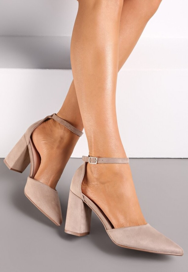 Ciemnobeżowe Czółenka na Słupku ze Szpiczastym Noskiem Kaylynn