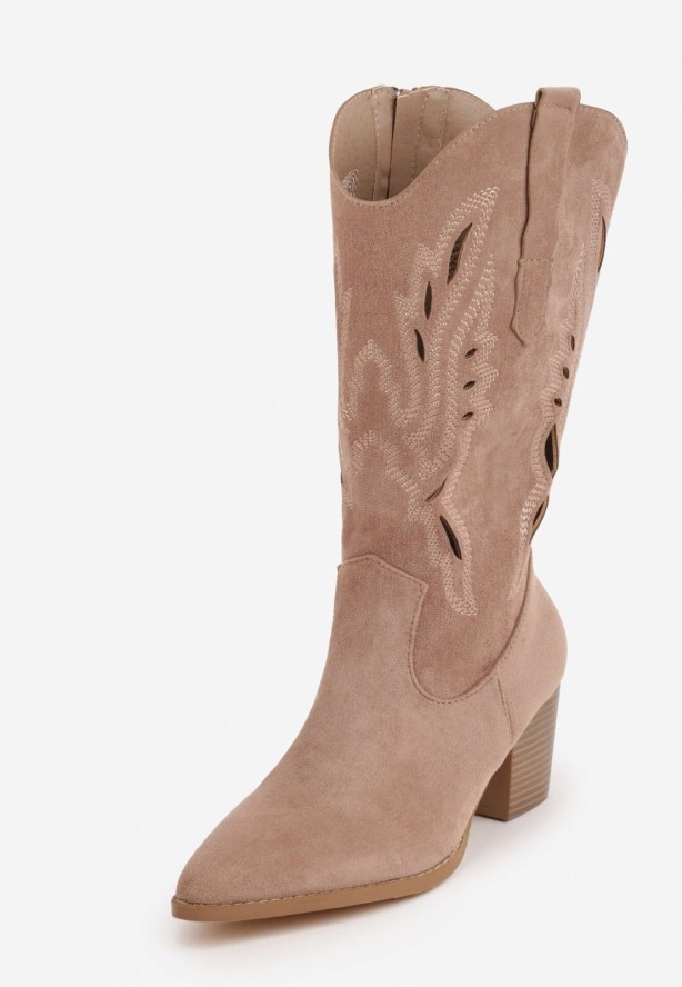 Ciemnobeżowe Botki Typu Kowbojki VICES na Obcasie z Ażurową Cholewką Eranata