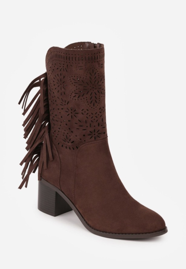 Ciemnobrązowe Ażurowe Botki Typu Kowbojki ze Skórzaną Wkładką Ozdobione Frędzlami Ceziva