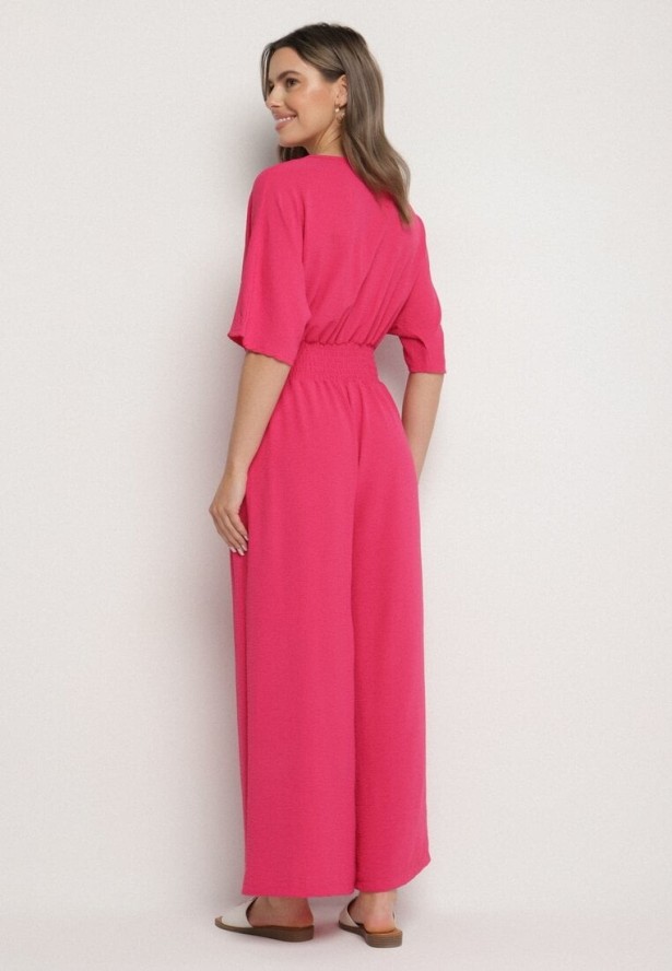 Fuksjowy Kopertowy Kombinezon z Gumką w Talii i Szerokimi Nogawkami Vimashea