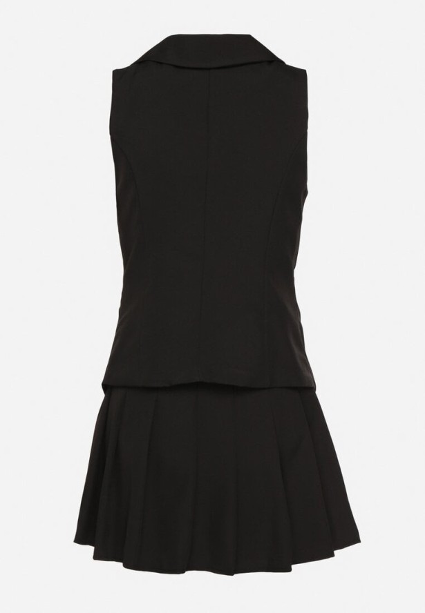 Czarny Komplet Garniturowy Kamizelka i Plisowana Spódnica Ivelkio