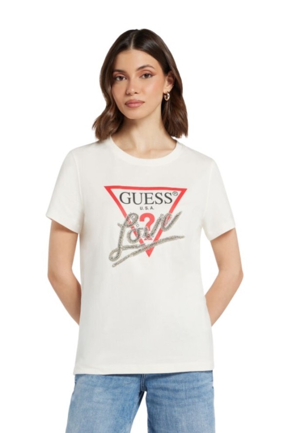 GUESS Biały t-shirt damski Love Tee, Rozmiar XS